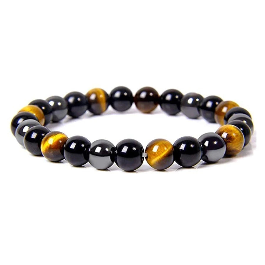 Protective bracelet, tiger eye beads, obsidian, hematite