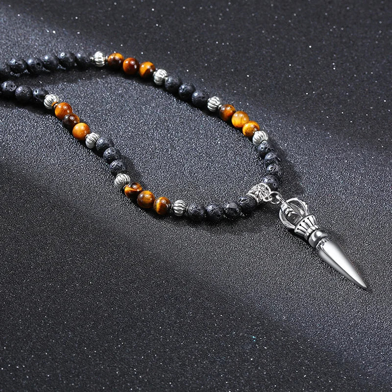 Pointed Buddhist Necklace with Tiger Eye and Lava Stone