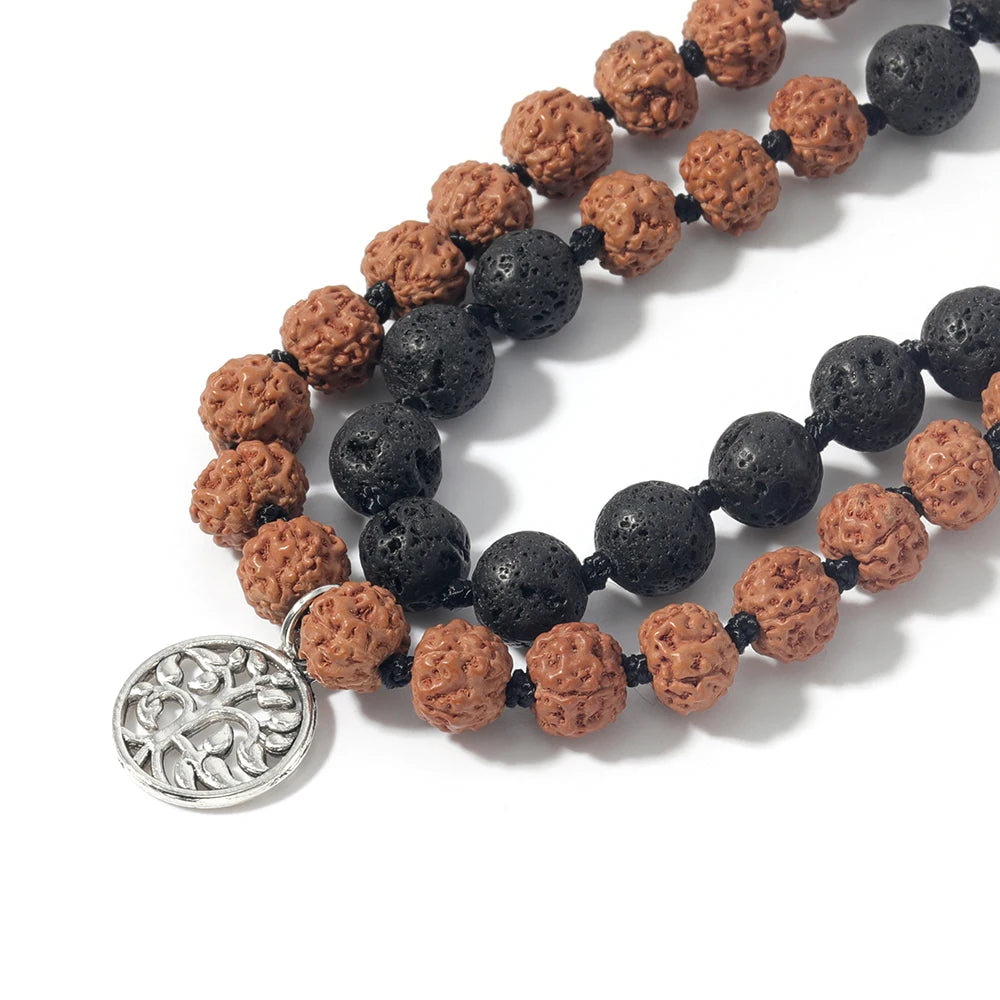 Tibetan Mala in Rudraksha And Lava Stones