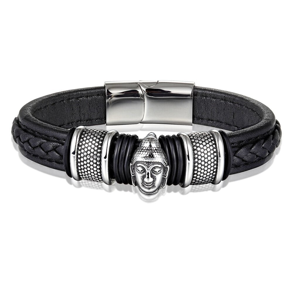 Braided leather bracelet & steel Buddha head