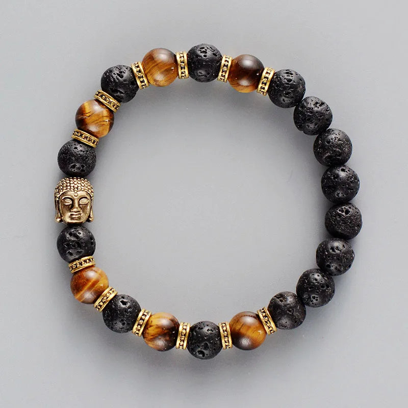 Tiger Eye Buddha And Lava Stone Bracelet
