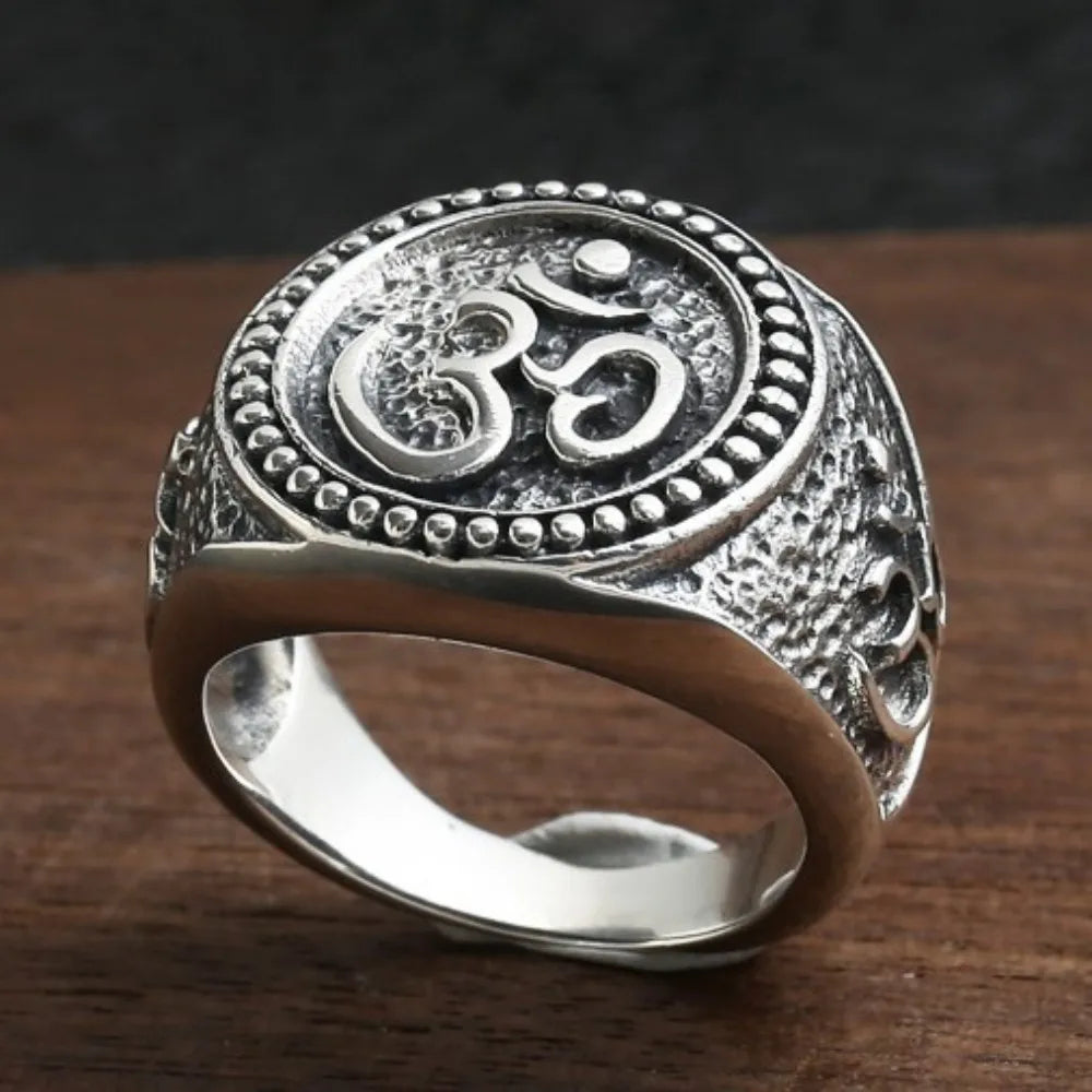 Buddhist Men's Silver Ring Om Pattern