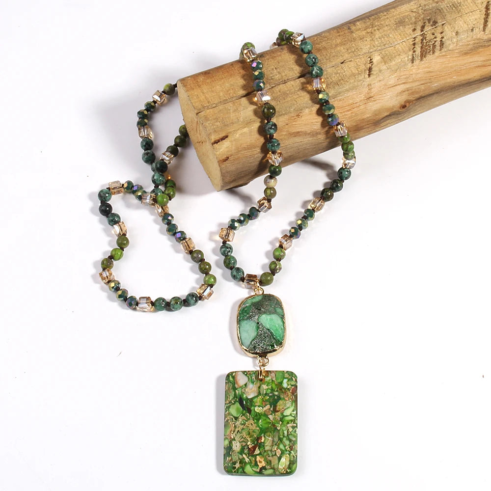Rectangular Green Stone Crystal Necklace
