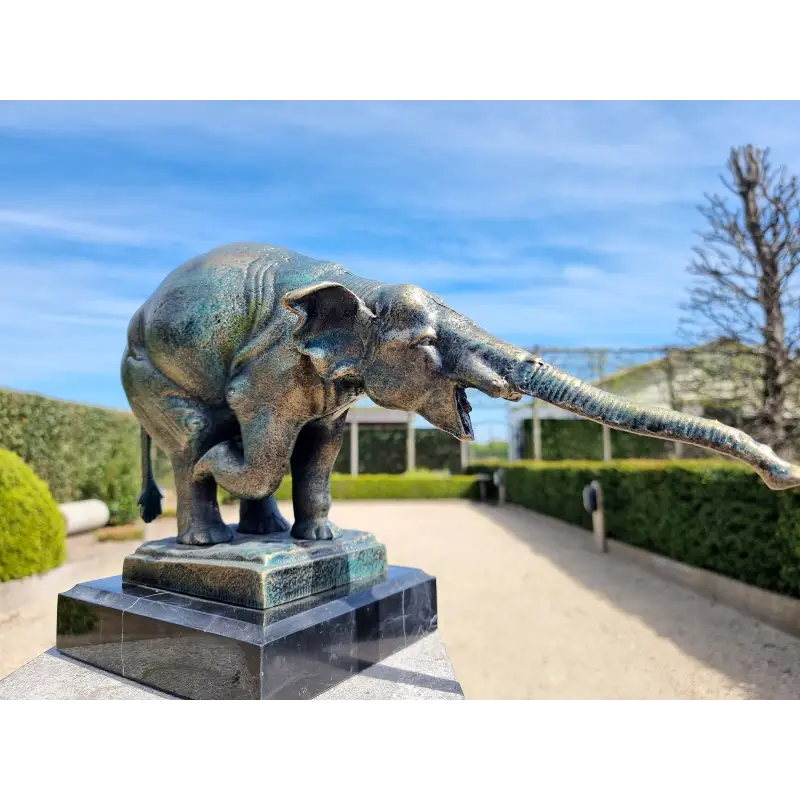 Elephant Cast Iron on Marble Pedestal Statue