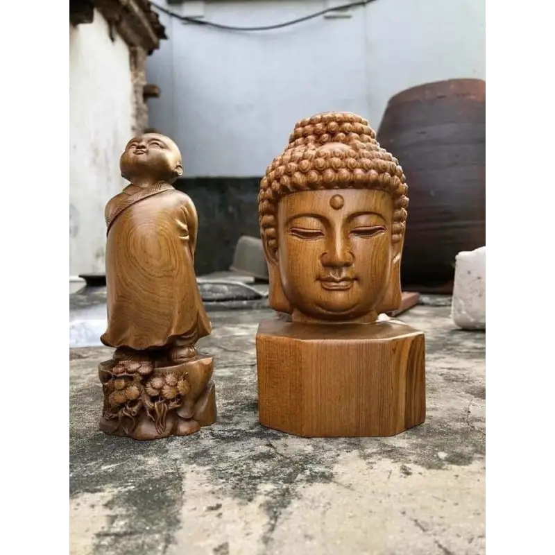 Cypress Wood Buddha Head Statue